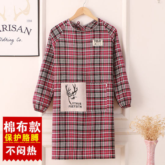 时尚家用长袖纯棉厨房围裙大人可爱有袖罩衣女士防污工作服反穿衣