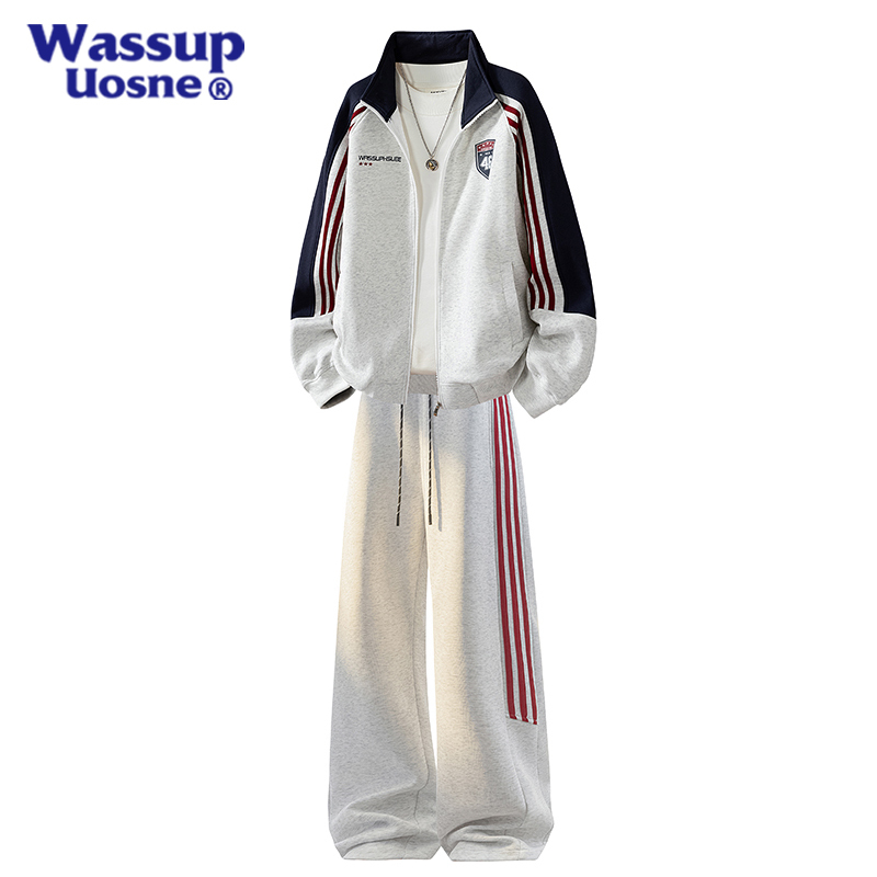 Wassup Uosne American Retro Suit Men's Spring and Autum Sports Style Contrast Stripesd Cardigan Long-Sleeved Sweatshirt for Men