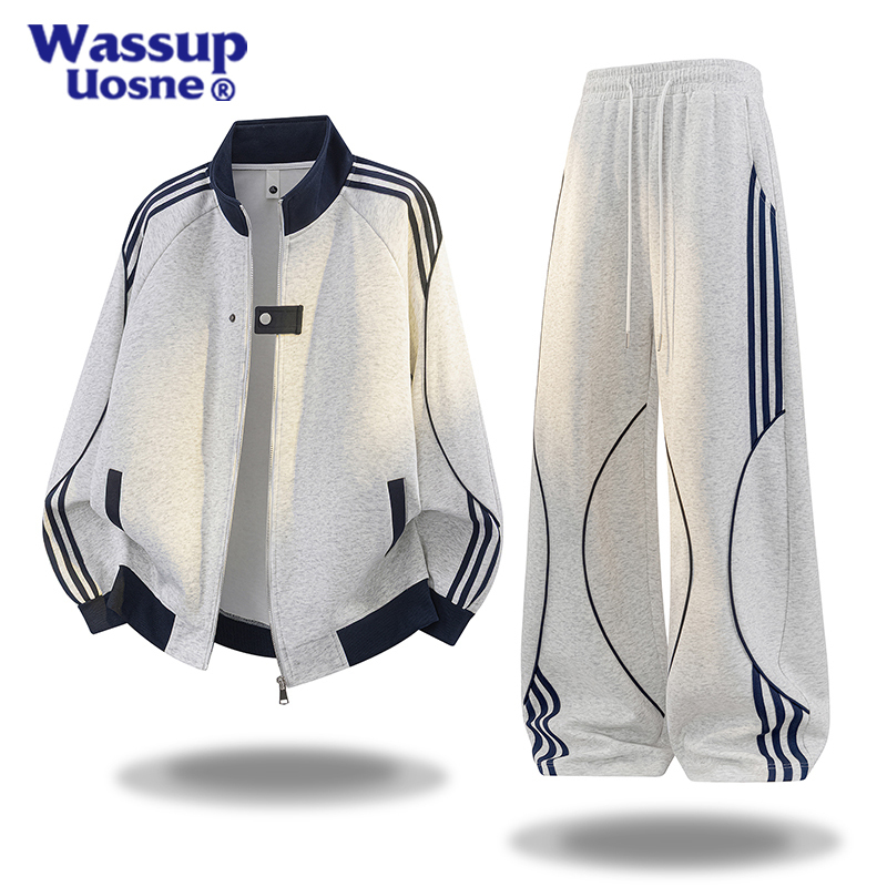 Wassup Uosne American Style Trendy Sports Suit for Men, Autumn Cardigan Sweatshirt, Casual Striped Long Pants Two-Piece Set