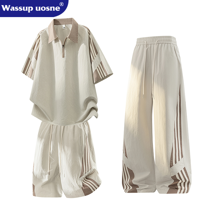 Wassup Uosne Three-Piece Sports Suit for Men, Loose Thin Pants, Shorts, Half-Zip Short Sleeves, Complete Set