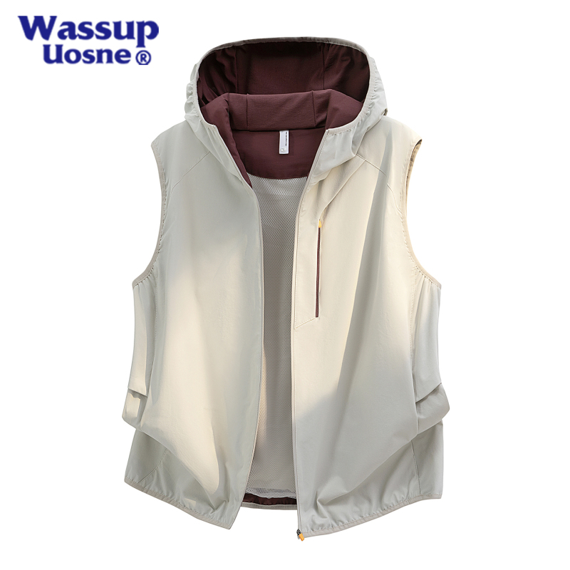 Wassup Uosne Vest Men's Casual Outdoor Windproof Hooded Cardigan 2026 Summer Lightweight Sleeveless Vest