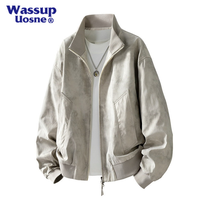 Wassup Uosne Jacket Spring and Autumn Turn-Down Collar Ribbed Stand Collar Tie-Dye Loose Casual Zipper Double-Open Jacket Trendy