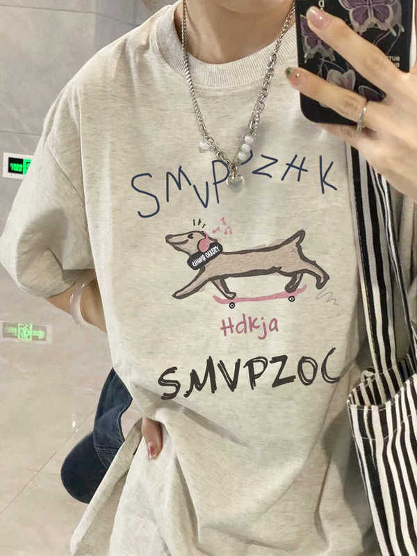 Pure Cotton Fun Cartoon Graffiti Dachshund Short-Sleeve T-Shirt for Women, Summer 2025 New Trendy Niche Regular Shoulder Top
