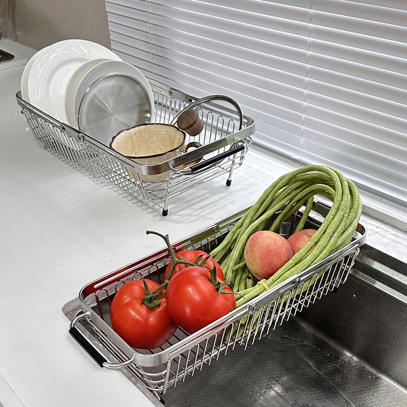 Boshangjia 304 Stainless Steel Draining Basket Kitchen Sink Dishwashing Basin Bowl and Plate Storage Basket Draining Rack Retractable Rack