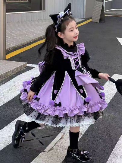Kuromi Herbst und Winter langärmeliger samtverdickter Lolita-Tutu-Rock für Damen. Kinder-Cos-Performance-Kostüme für Damen-Frühlings- und Herbströcke