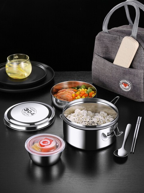 German Imported Steamed Lunch Box 304 Stainless Steel Round Compartment Student Double-Layer Rice Tank Lunch Box Office Worker Lunch Box