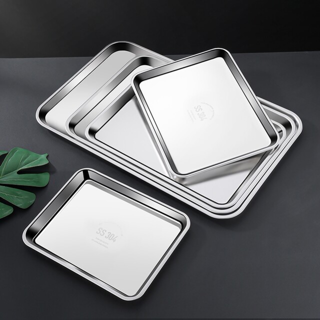 German Imported Food Grade 304 Stainless Steel Tray Rectangular Iron Plate Shallow Plate Household Grilled Fish Plate Flats Bottom Plate
