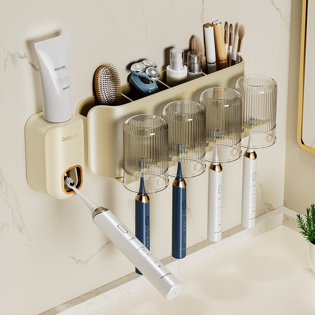 Japanese Imported Toothbrush Holder, No-Drill Wall-Mounted Toothbrush Cup and Mouthwash Cup Rack, Wall-Mounted Bathroom Set