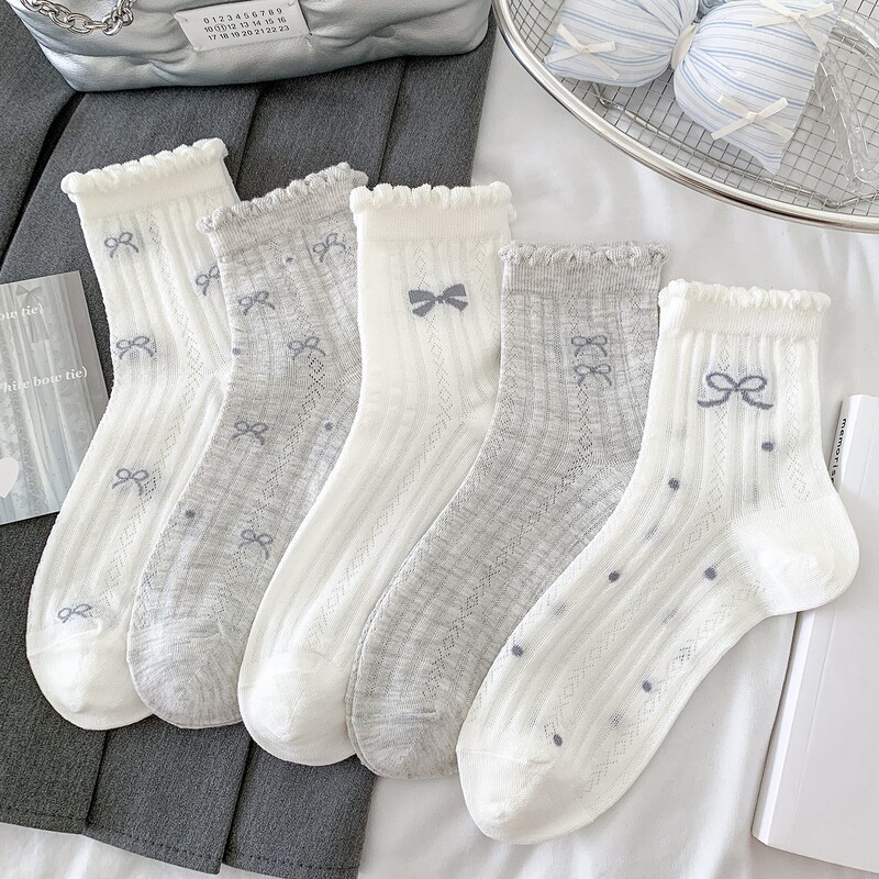 Ultra-Thin Gray Bow Lace Socks for Women, Mid-Calf Socks, Summer Thin Style, Hollow Mesh Breathable Ballet Style Ultra-Thin Gray Bow Lace Socks for Women, Mid-Calf Socks, Summer Thin Style, Hollow Mesh Breathable Ballet Style