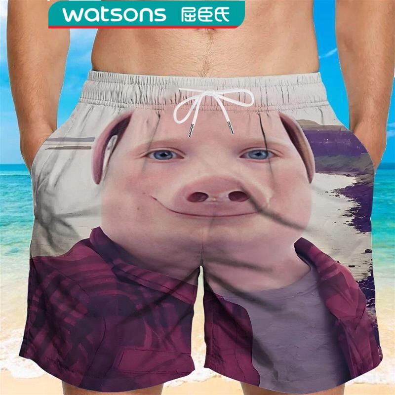 Piggod Shorts Creative Funny Pig Head Making a Phone Call Men's Emoji Quick-Drying Beach Shorts Seaside Swim Trunks