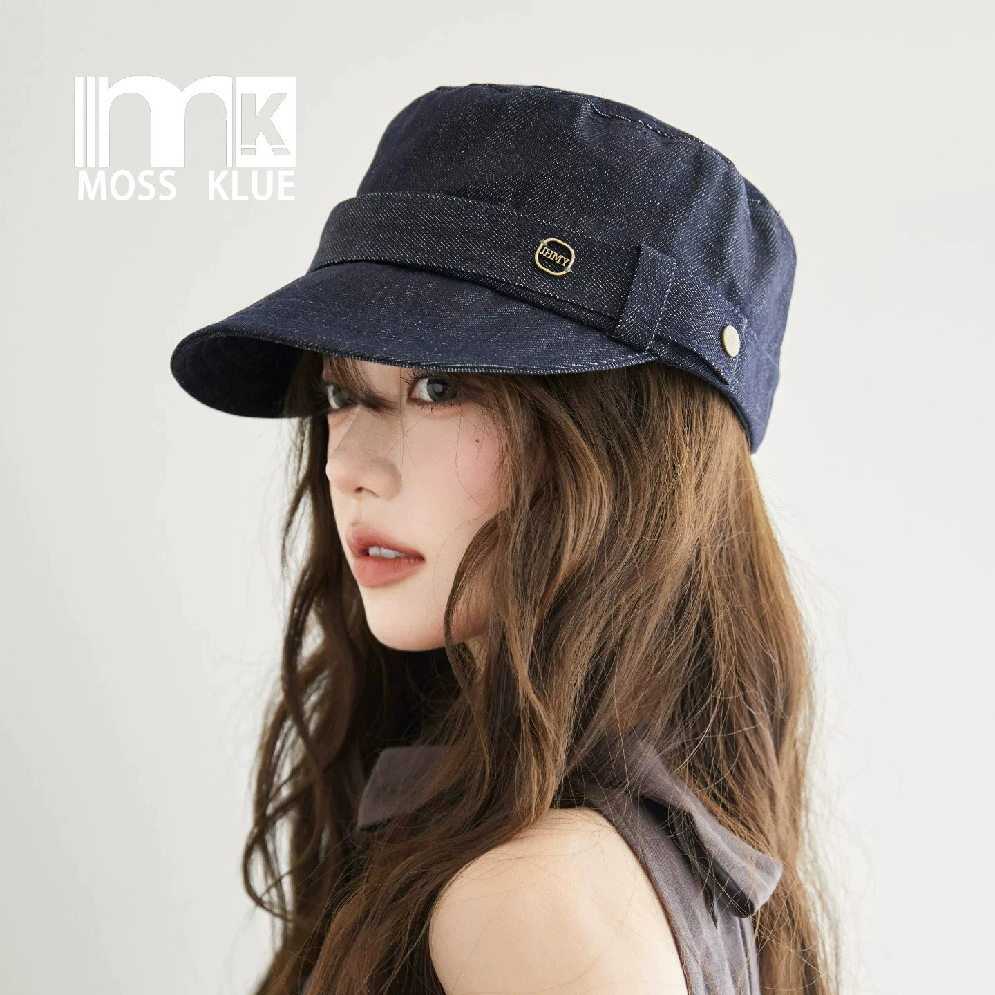 MossKlue Korean Retro Denim Baseball Cap for Women, Dark Blue, Wide Brim, Makes Face Look Smaller, Metal Buckle Newsboy Cap