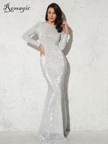 Shiny Silver Long Seleeve maxi prom sequence in Stchy o Neck