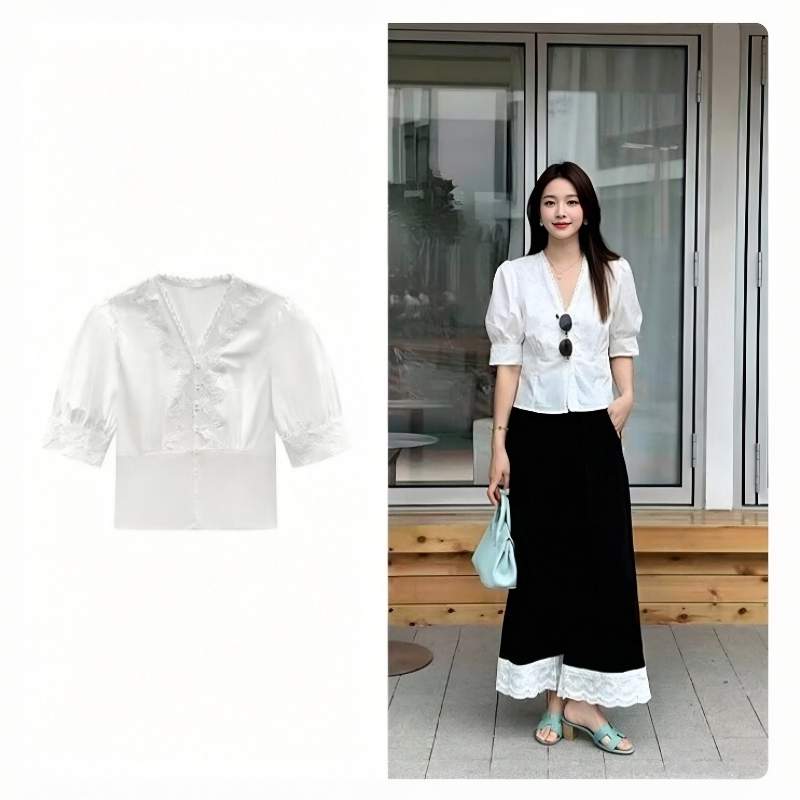 French-Style Fashion Versatile Design Shirt for Women, V-Neck Lace Trim Top, 2026 Spring/Summer Youthful Blouse