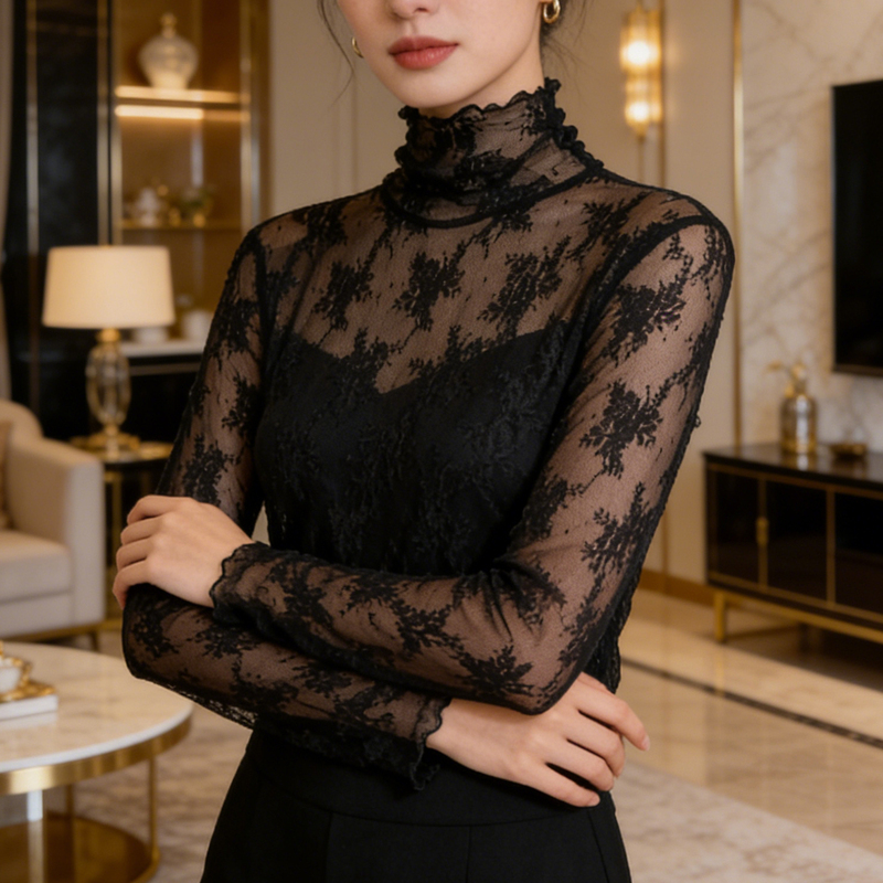 Half-High Collar Lace Base Shirt for Women, Long-Sleeved Thin Style, Layered Inner Top, Lace Patchwork, Lace Shirt with Hook-And-Loop Design, Hollow-Out Pattern