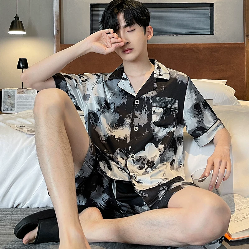 Silk summer pijama, shorts, thin set, with short sleeve, plus size