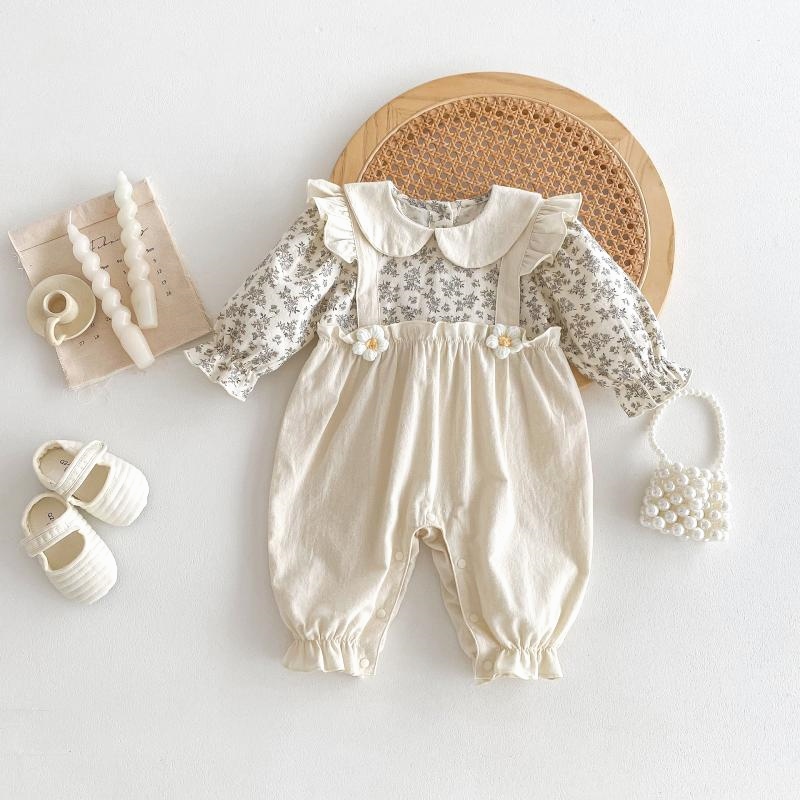 Baby Romper Princess Hundred-Day Full-Month Outfit Spring and Autumn Baby Floral Fake Two-Piece Romper Newborn Pure Cotton Crawling Suit