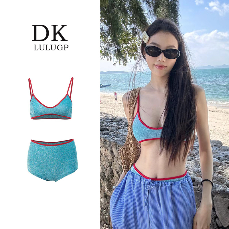 Dk【Blue Enchantress】Color-Blocked Camisole Two-Piece Swimsuit High-Waisted Tight Shorts Shiny Silk Bikini Set Dk【Blue Enchantress】Color-Blocked Camisole Two-Piece Swimsuit High-Waisted Tight Shorts Shiny Silk Bikini Set