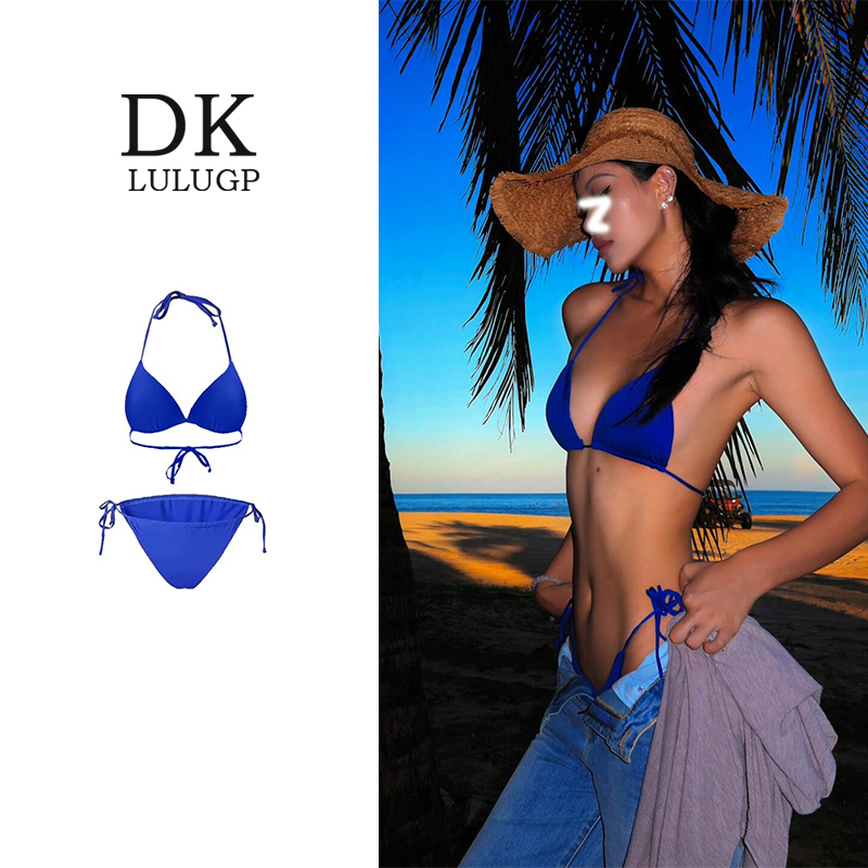 Dk Klein Blue Sexy Halter Neck Tie Bikini Three-Point Swimsuit Hot Spring Beach Vacation Swimwear for Women