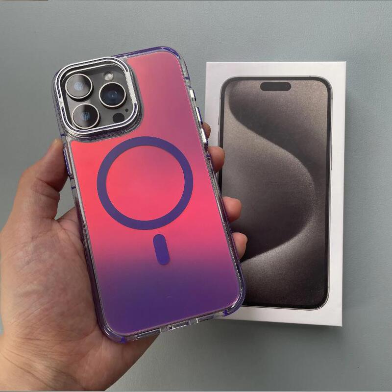 Powerful Magnetic Dual-Color Chameleon Case Suitable for Apple 16 Pro, Cool Style for 14/15, Trendy 13 Pro Max Full-Cover Phone Case, 12 Lens with Stand, iPhone 11 Laser Gradient Anti-Drop Protective Case