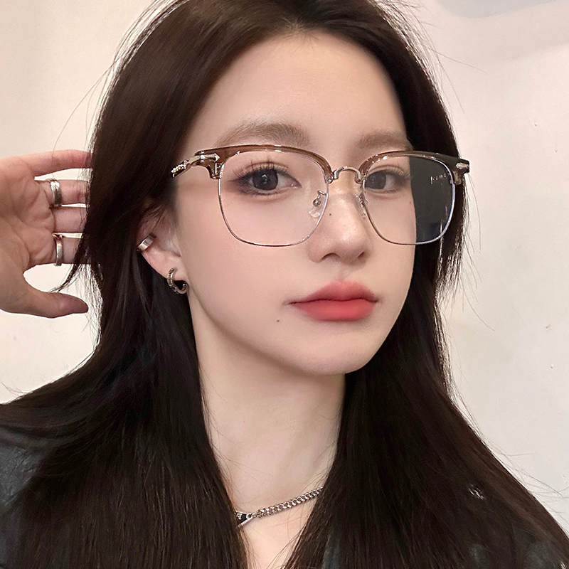 Elegant Semi-Rimless Glasses for Women, Can Be Fitted with Prescription Lenses, Men's Myopia Cat-Eye Large Frame, Slimming Effect, Wire-Rimmed Eye-Catching Frame