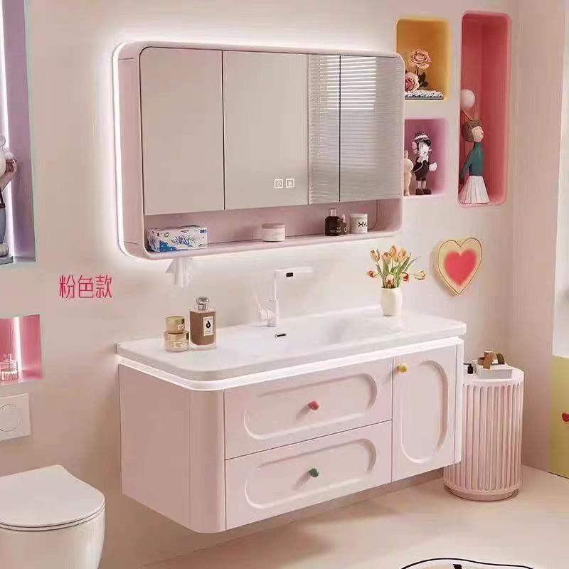 New Dopamine Oak Bathroom Cabinet with Integrated Ceramic Basin, French Cream Style Washbasin, Bathroom Vanity Basin