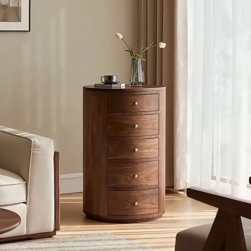 New Chinese-Style North American Black Walnut Five-Drawer Cabinet, Round Solid Wood Storage Cabinet, Multi-Layer Drawer Cabinet, Bedside Cabinet