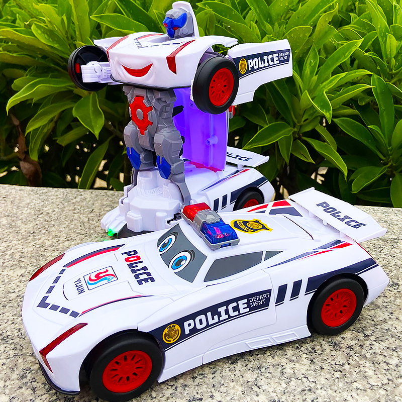 Tiktok-Style Children's Electric Transforming Police Car Robot for Boys Aged 2 to 4, Educational Light and Music Car Toy