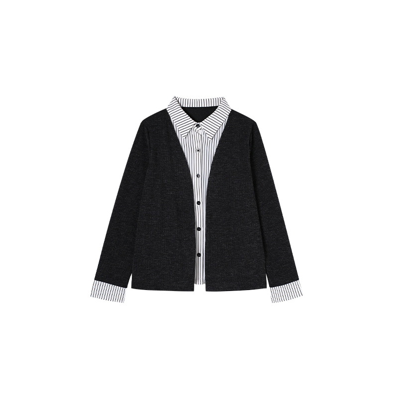 9-5F New Style Patchwork Striped Shirt Solid Color Knitted Cardigan Fake Two-Piece 3082-25182 9-5F New Style Patchwork Striped Shirt Solid Color Knitted Cardigan Fake Two-Piece 3082-25182
