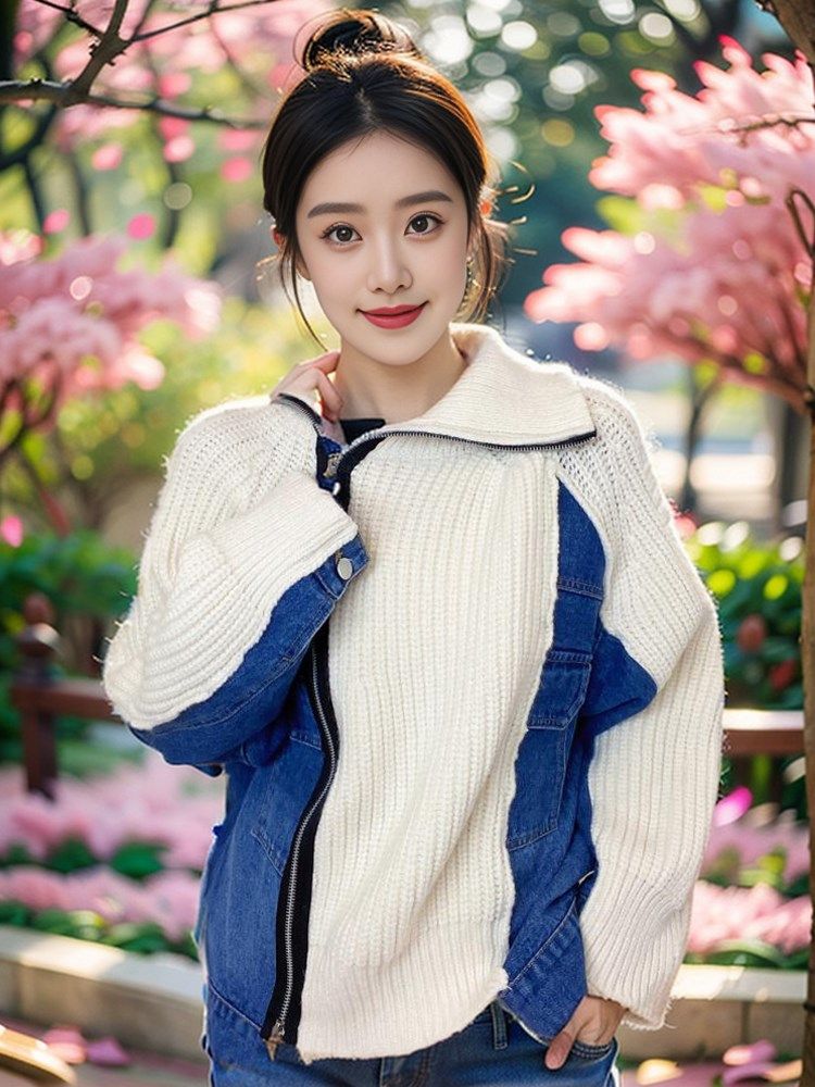 Splicing Denim High Collar Long Sleeve Knit Cardiovert Sweater Jacket Korean Ensemble Woman 2023 Autumn Sweet Cool Wind Polo 100 Hitch-Taobao