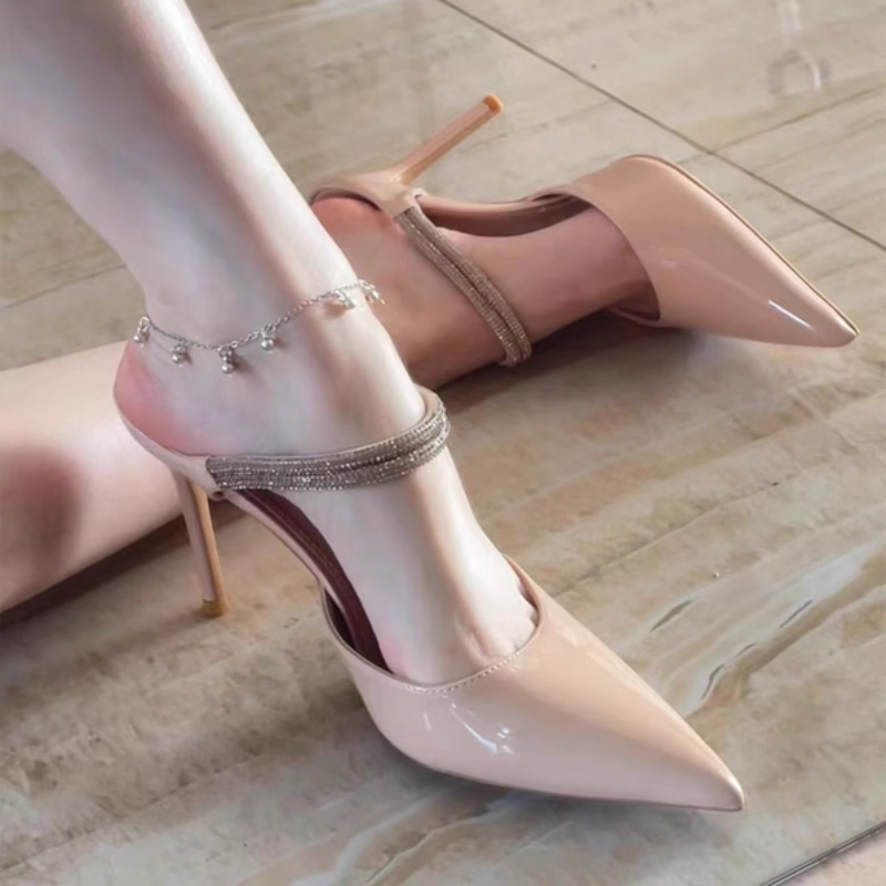 Pointed-Toe Nude Rhinestone High-Heeled Shoes with Thin Heels, Elegant Closed-Toe Mules for Women, Early Spring 2026 New Model Pointed-Toe Nude Rhinestone High-Heeled Shoes with Thin Heels, Elegant Closed-Toe Mules for Women, Early Spring 2026 New Model