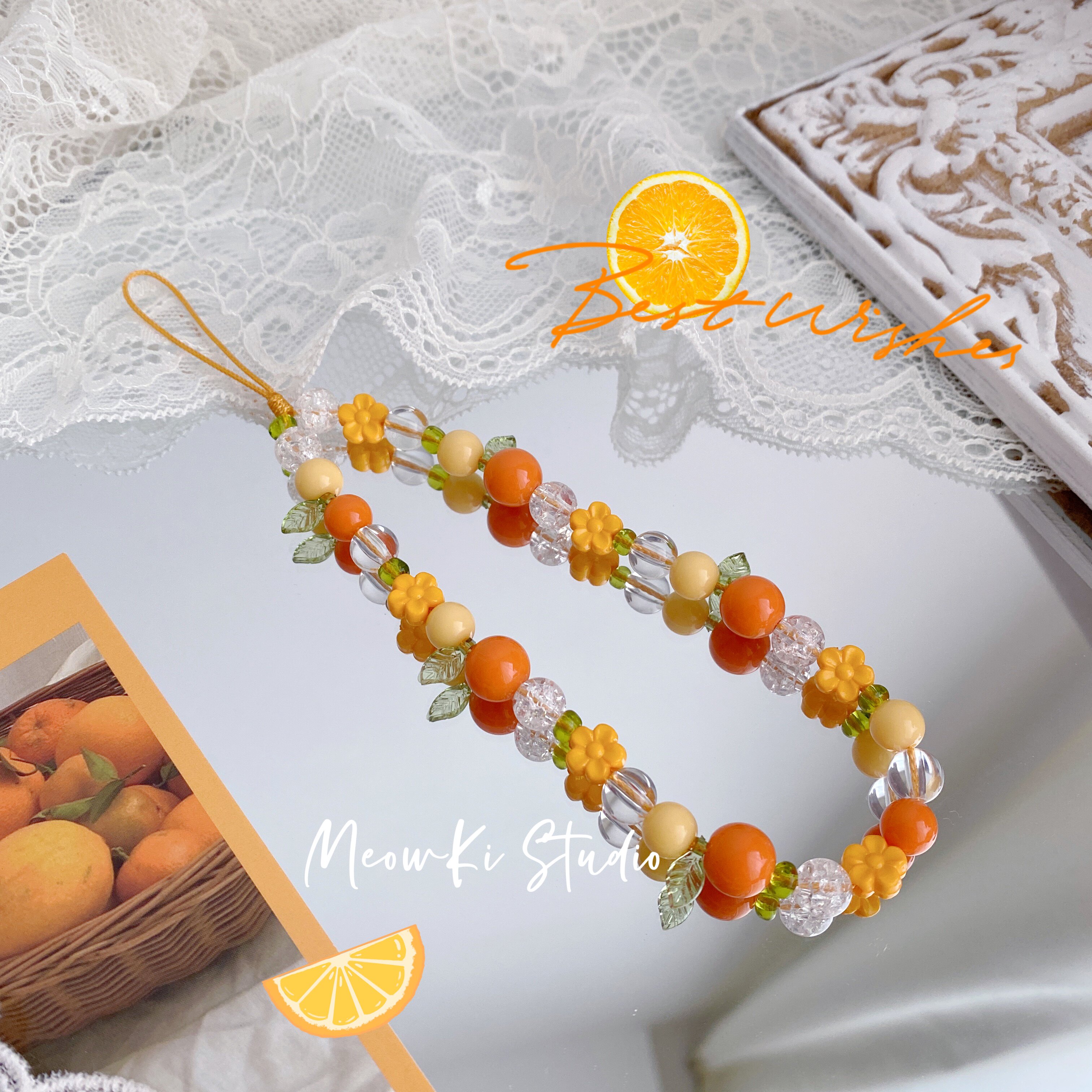 MeowKi Orange Soda Original Beaded Phone Strap, Orange Charm Phone Chain Pendant, Bus Card Strap