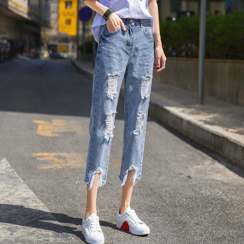 White Ripped Jeans for Women, New Style Pants for Spring and Autumn, Distressed Pants, Slimming, Cropped, Loose White Long Pants, Trendy White Ripped Jeans for Women, New Style Pants for Spring and Autumn, Distressed Pants, Slimming, Cropped, Loose White Long Pants, Trendy