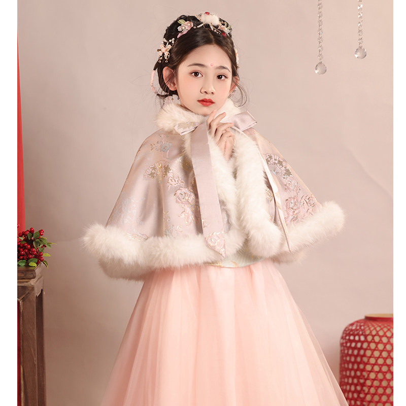 Children's cloak cape pink plus suede thickened warm windproof jacket short girl hanfu Chinese wind cape shoulder winter-Taobao