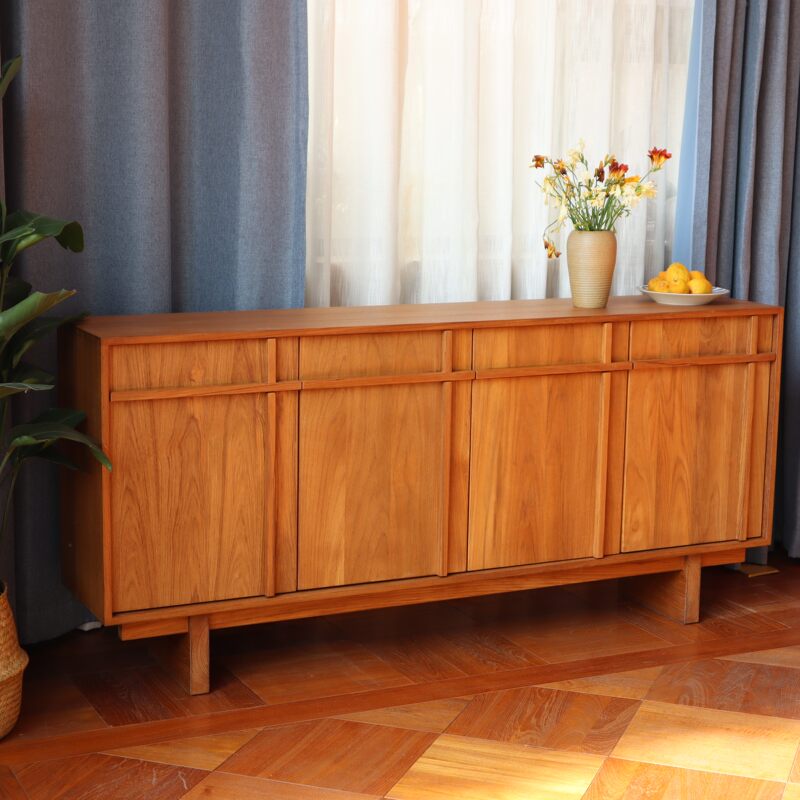 Burmese Teak Sideboard with Natural Wood Frame, Antique-Style Living Room Wall-Mounted Storage Cabinet