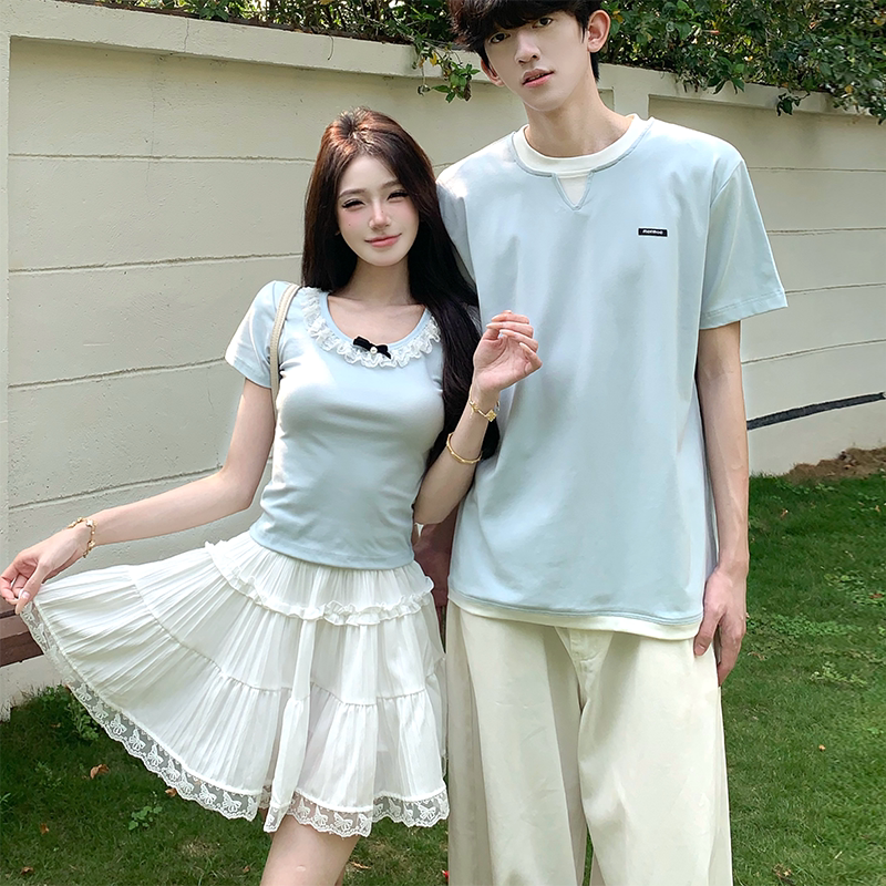 Niche Design Couple's Outfit Pure Desire Lace Trim Patchwork Short-Sleeve T-Shirt 2026 New Slim-Fit Top
