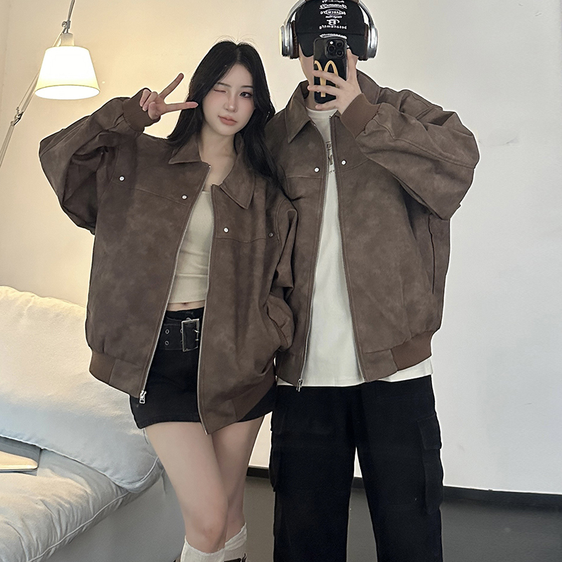 Couple's American Retro Brown Leather Jacket with Lapels, 2026 New Style, High-End Trendy Brand, Loose and Versatile Coat Couple's American Retro Brown Leather Jacket with Lapels, 2026 New Style, High-End Trendy Brand, Loose and Versatile Coat