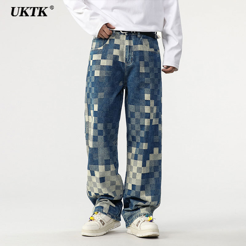 Uktk Men's Jeans Autumn New American Style Patchwork Checkerboard Wide-Leg Pants Trendy Loose Versatile Casual Pants