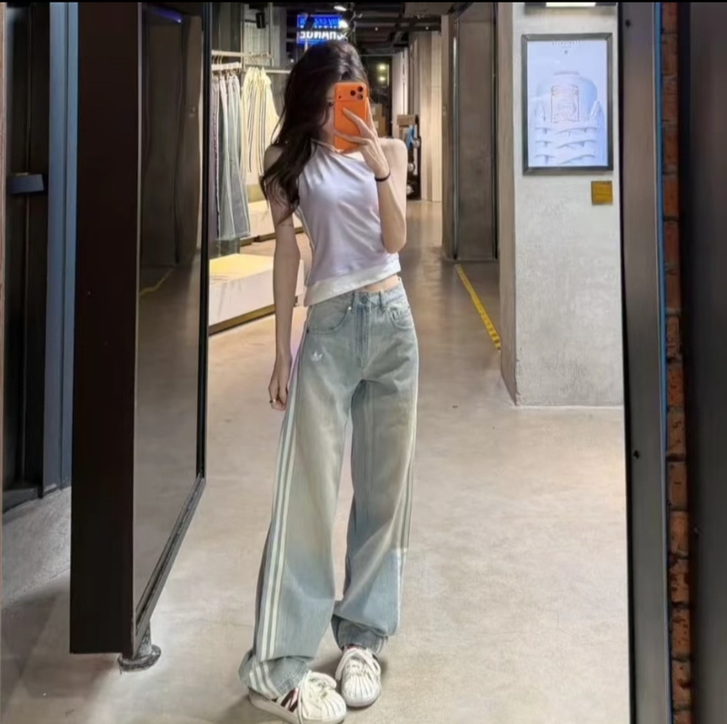 Song Yuqi's Same Style Clover 26 New Comfortable Pure Cotton Breathable Loose Wide-Leg Retro-Style Denim Sweatpants