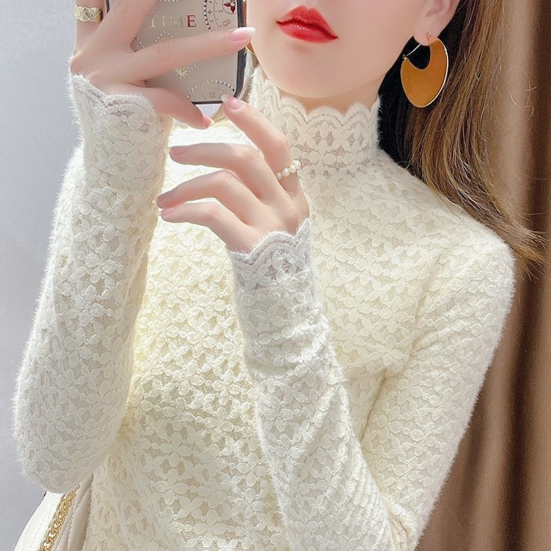 High-End Fleece-Lined Stylish Lace Turtleneck Base Shirt for Spring and Autumn, Plus-Size Slimming Warm Top for Women High-End Fleece-Lined Stylish Lace Turtleneck Base Shirt for Spring and Autumn, Plus-Size Slimming Warm Top for Women