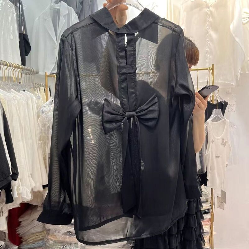 Summer 2024 Design Back Bow Pearlescent Chiffon Shirt Women's Polo Collar Long-Sleeved Thin Sun Protection Shirt