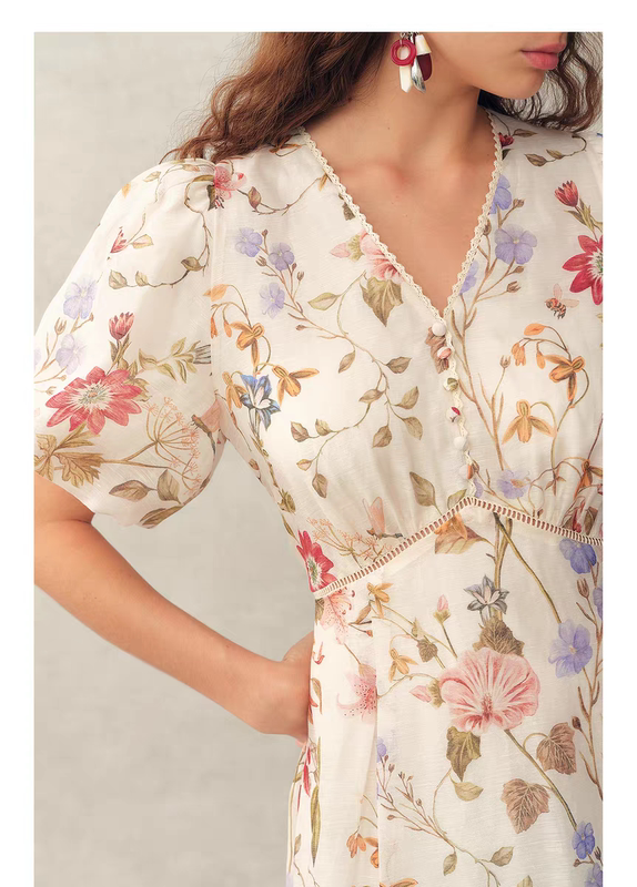 F Brand Original Hand-Painted Silk Linen Puff Sleeve French Dress 2026 Spring/Summer New Collection