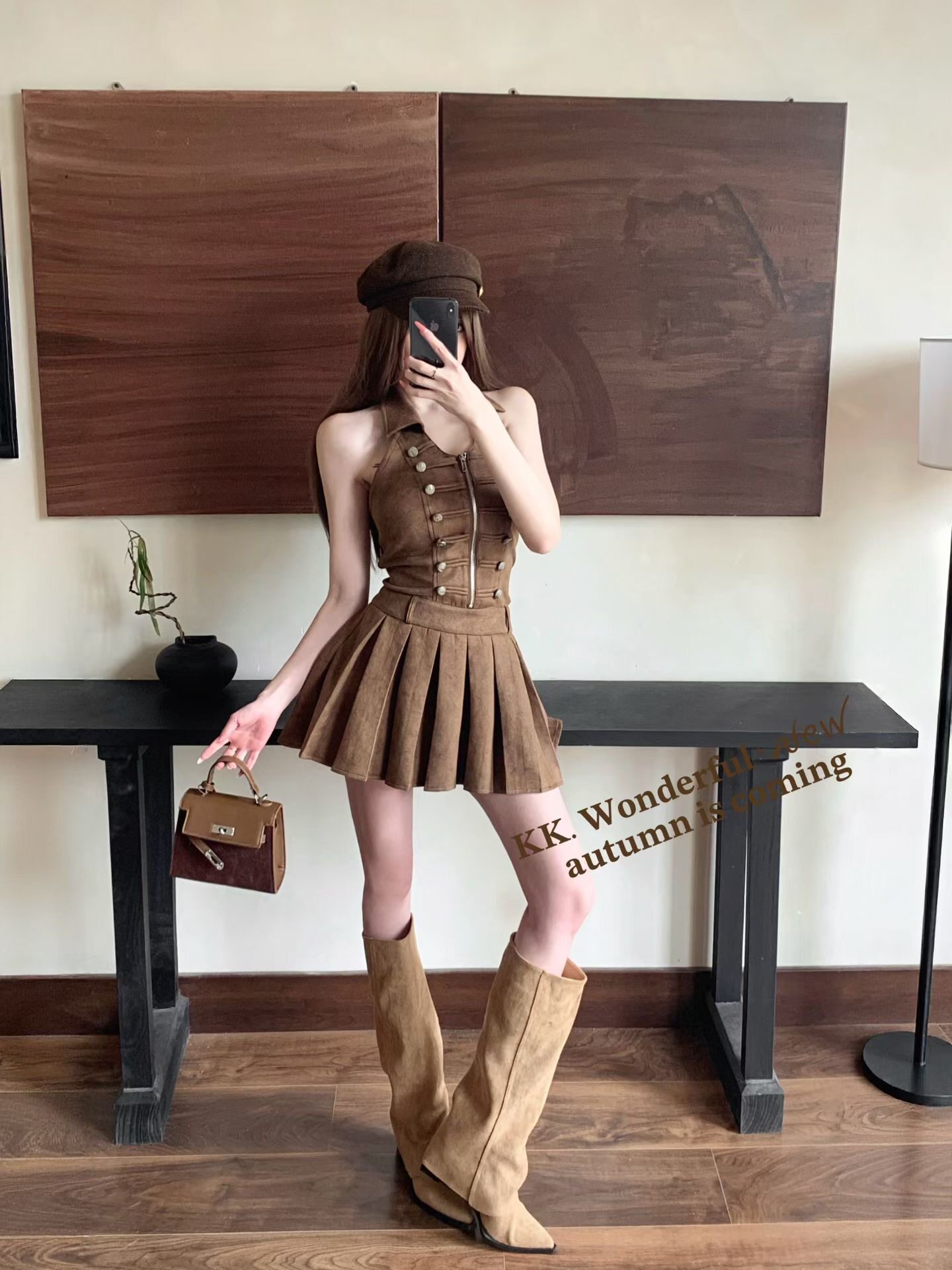 순수한 욕망 핫걸 새로운 행침 목 세트 여성 더블 단추 허리 수축 플리츠 미니 스커트 느긋한 니트 오픈 가디건 투피스 세트 상세 이미지 14