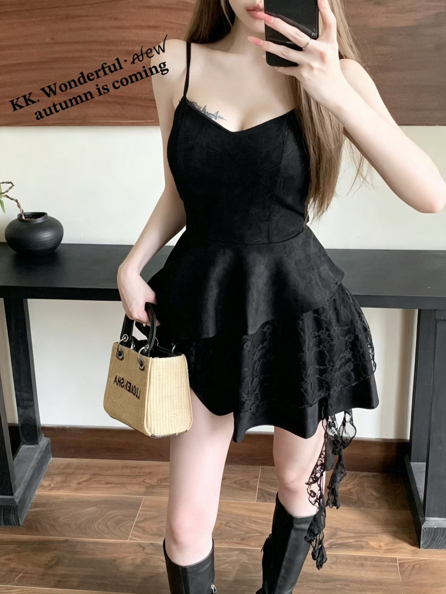 순수한 욕망 핫걸 새로운 세트 홀로우 아웃 니트 오픈 가디건 불규칙 레이스 리본 케이크 드레스 핫걸 투피스 세트 상세 이미지 12