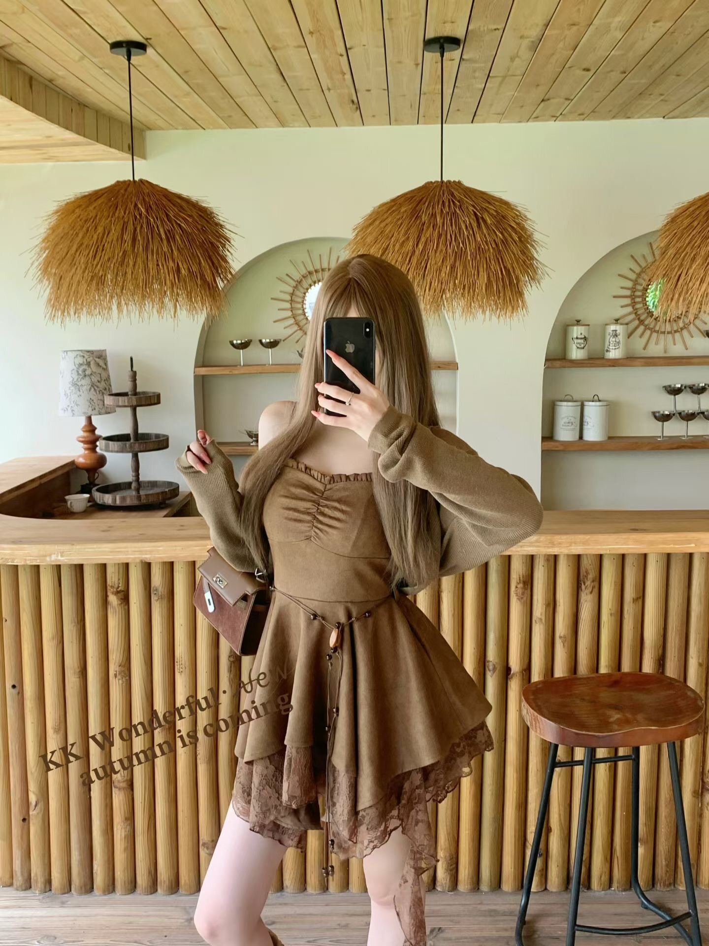 순수한 욕망 핫걸 가을 슬립 점프 슈트 치마 세트 여성 핫걸 불규칙 레이스 조각 슬림해 보이는 오픈 가디건 투피스 세트 상세 이미지 1