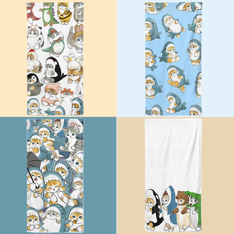 Cute Printed Microfiber Bath Towel Cartoon Shark Cat Towel for Home Hotel Women's Hair Washing Absorbent Quick-Drying Adorable