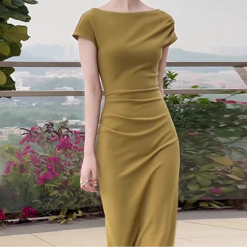 New Summer French-Style High-End Goddess-Style Formal Occasion Slimming and Age-Reducing Mustard Yellow Dress for Women