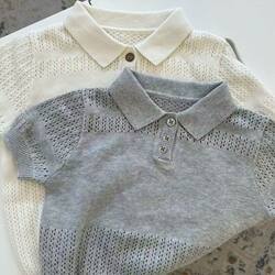 Children's Stylish Summer Knit Top with Hollow-Out Design, Ice Silk Short-Sleeve T-Shirt, Trendy and Versatile