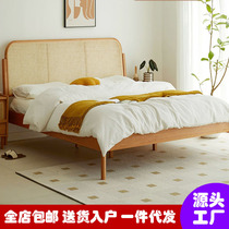 Solid wood bed rattan bed cherry wood Japanese simple Nordic log style 1 8 meter double bed master bedroom 1 5 retro bed