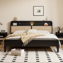 Nordic retro solid wood rattan bed master bedroom 1 8m double bed French black wabi-sabi style bed mid-century style storage bed