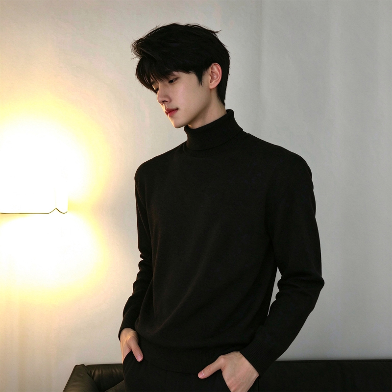Black Turtleneck Sweater for Men, Autumn and Winter, Stylish and Warm, Slim-Fit Korean-Style Long-Sleeve Knit Top
